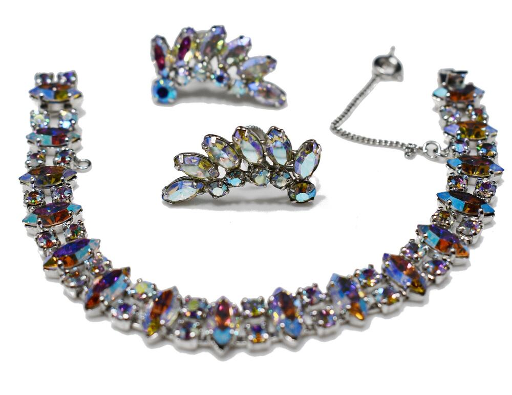 B. David Rhinestone Bracelet & Earrings Set, AB Crystals, Screw Back Earrings